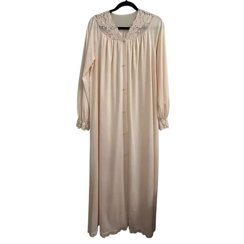 Vintage 60's ShadowLine Embroidered Long Nightgown with Lace Yoke sz M - L EUC